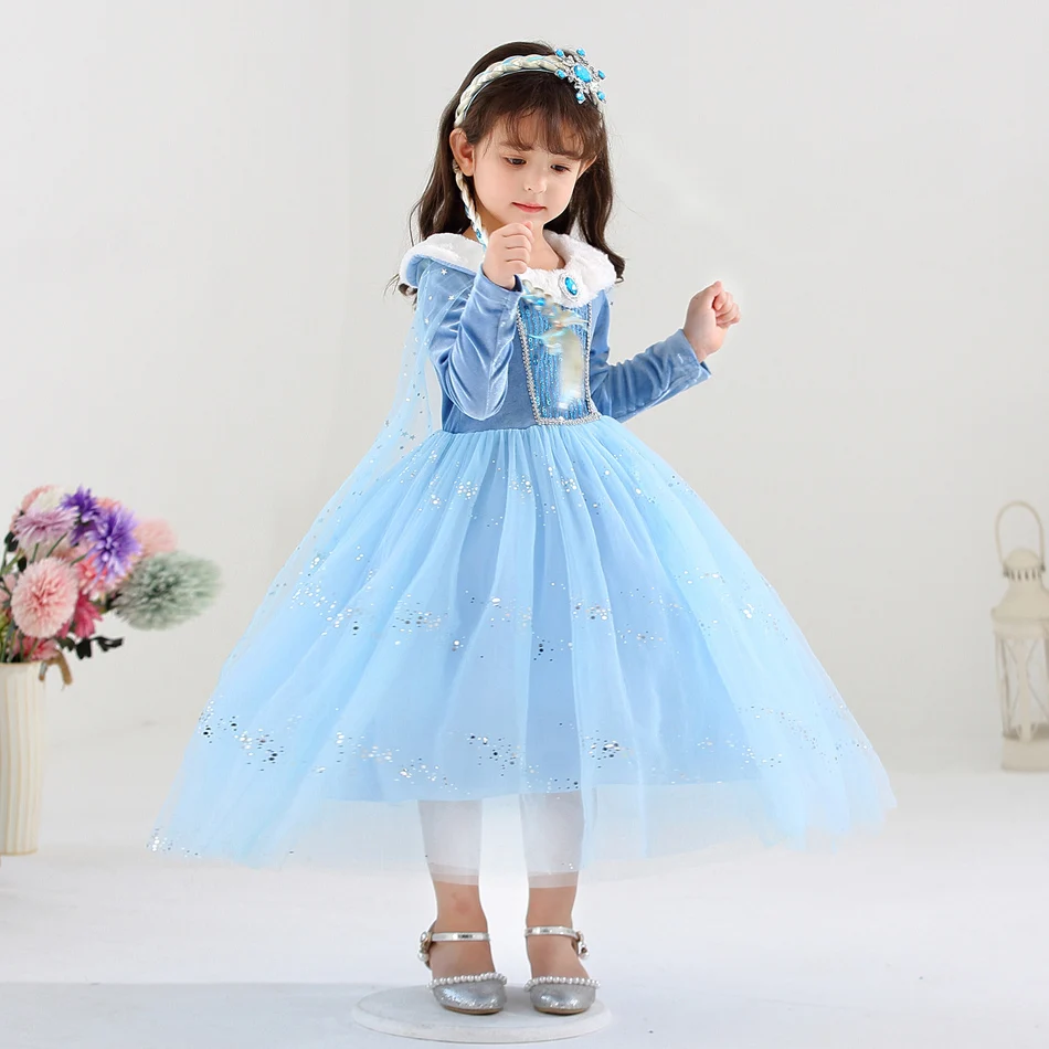 Girls Cosplay Costume Frozen Elsa Dress with Cloak Halloween LED Light Up Girls Snow Queen Birthday Elegant Party Clothes 2-10Y