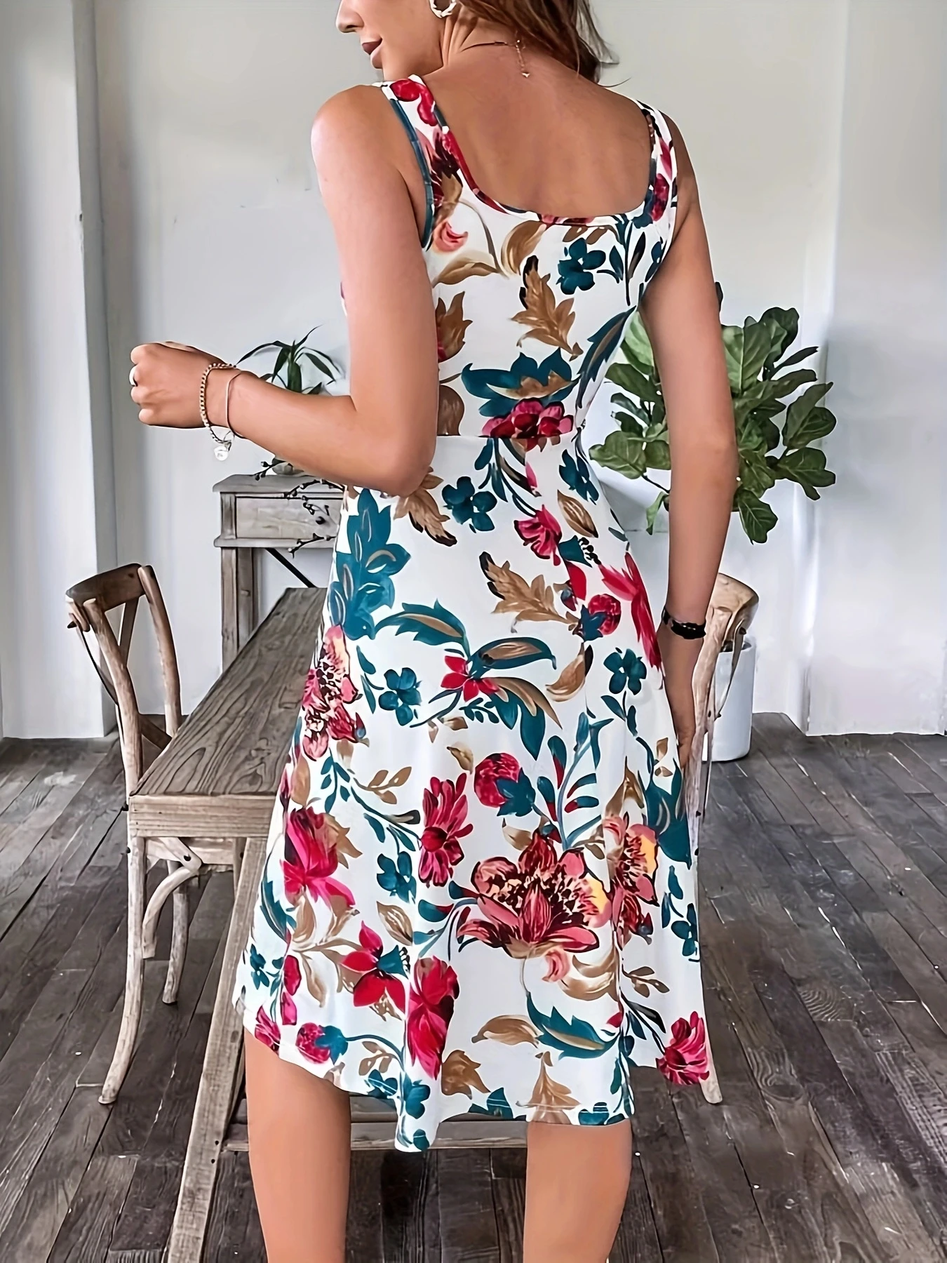 Party Women Floral printed Knee Length Sleeveless Square Neck Summer A-Line Suspender Dress