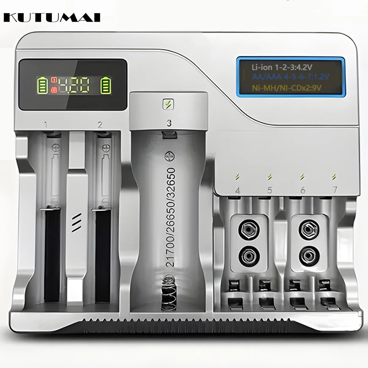 18650 Battery Charger with LCD Display 7 Slots for AA AAA Batttery 18650 26650 16340 Lithium Battery (Battery not included)