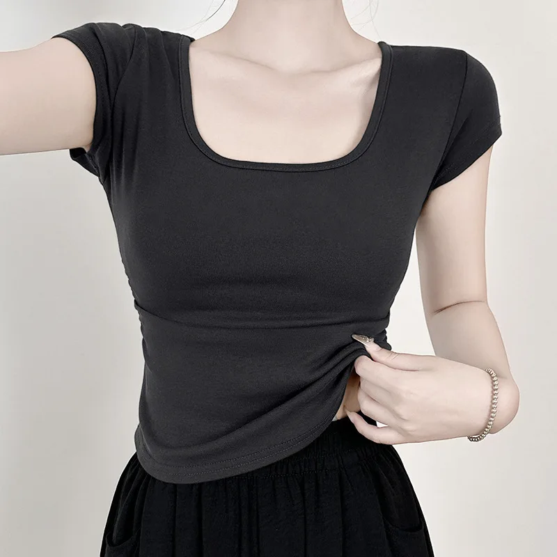 Right Shoulder U-neck Short-sleeved T-shirt Women's Summer Wear Slim Low Round Neck Short Top 2024 New Shirts for Women