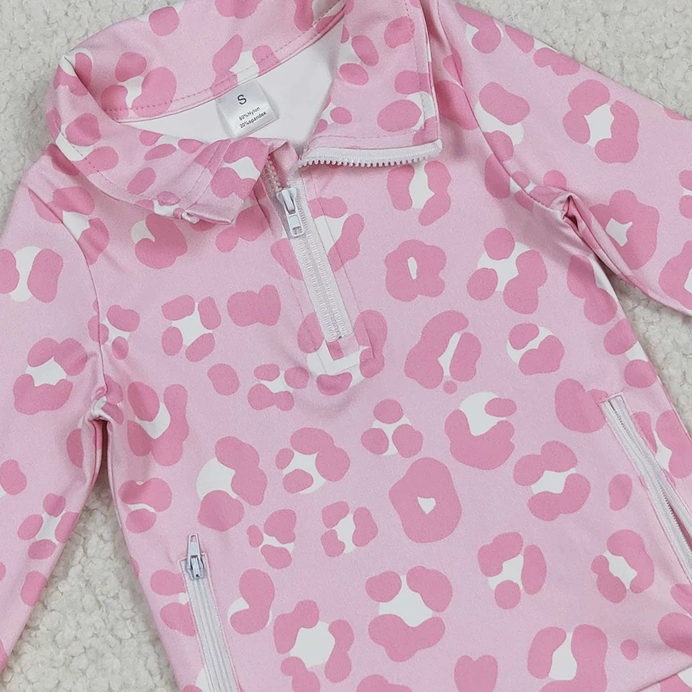 سترة يوجا بسحاب على شكل الفهد الوردي للفتيات الصغيرات بأكمام طويلة مع جيوب، بلوفر بناتي مطبوع عليه الفهد باللون الأبيض والوردي