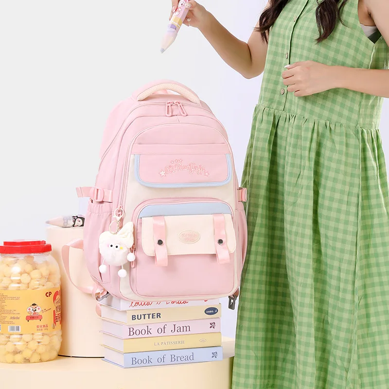 New Fashionable Lightweight Large Capacity Backpack for Junior And Primary School Girls Nylon Material Fresh Sweet Style Scho...