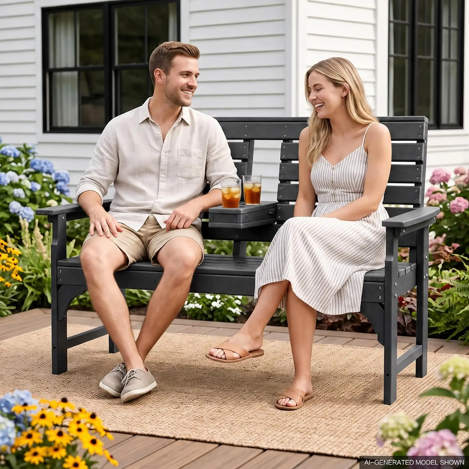 Outdoor Bench, HDPE 2-Person Garden Bench with Cup Holders, Customized
