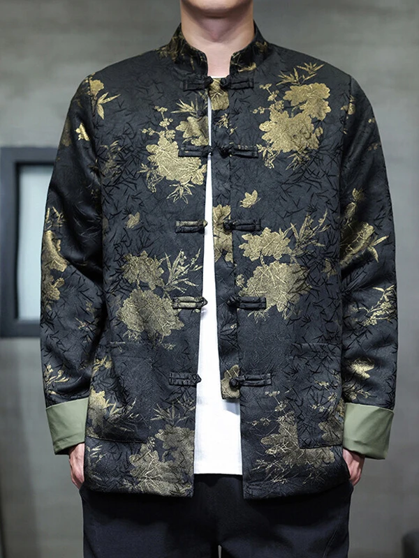 

New Chinese Sle Gold Emed Jaet Men's Casual Large Size High End Retro Button Hanfu Outerwear Loose Fit Printed Polyes...