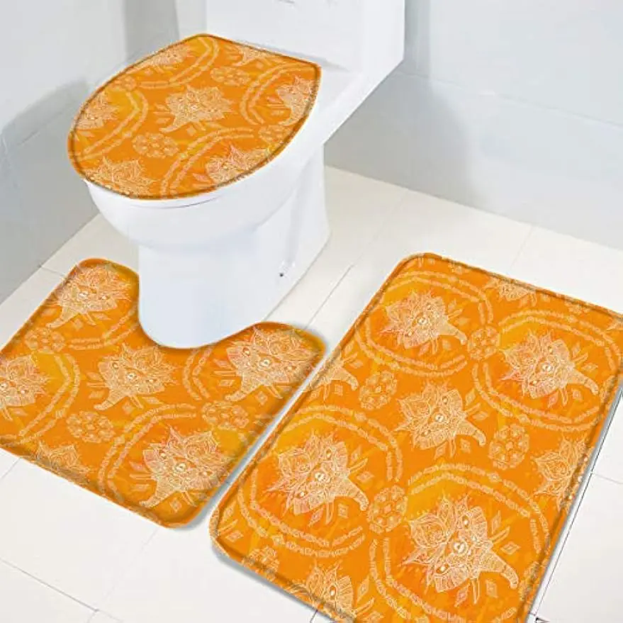 3 Pieces Bath Rug Set Toilet Seat Cover Orange African Elephant Art Drawing Print Contour Rug, Pedestal Mat and Toilet Lid Cover