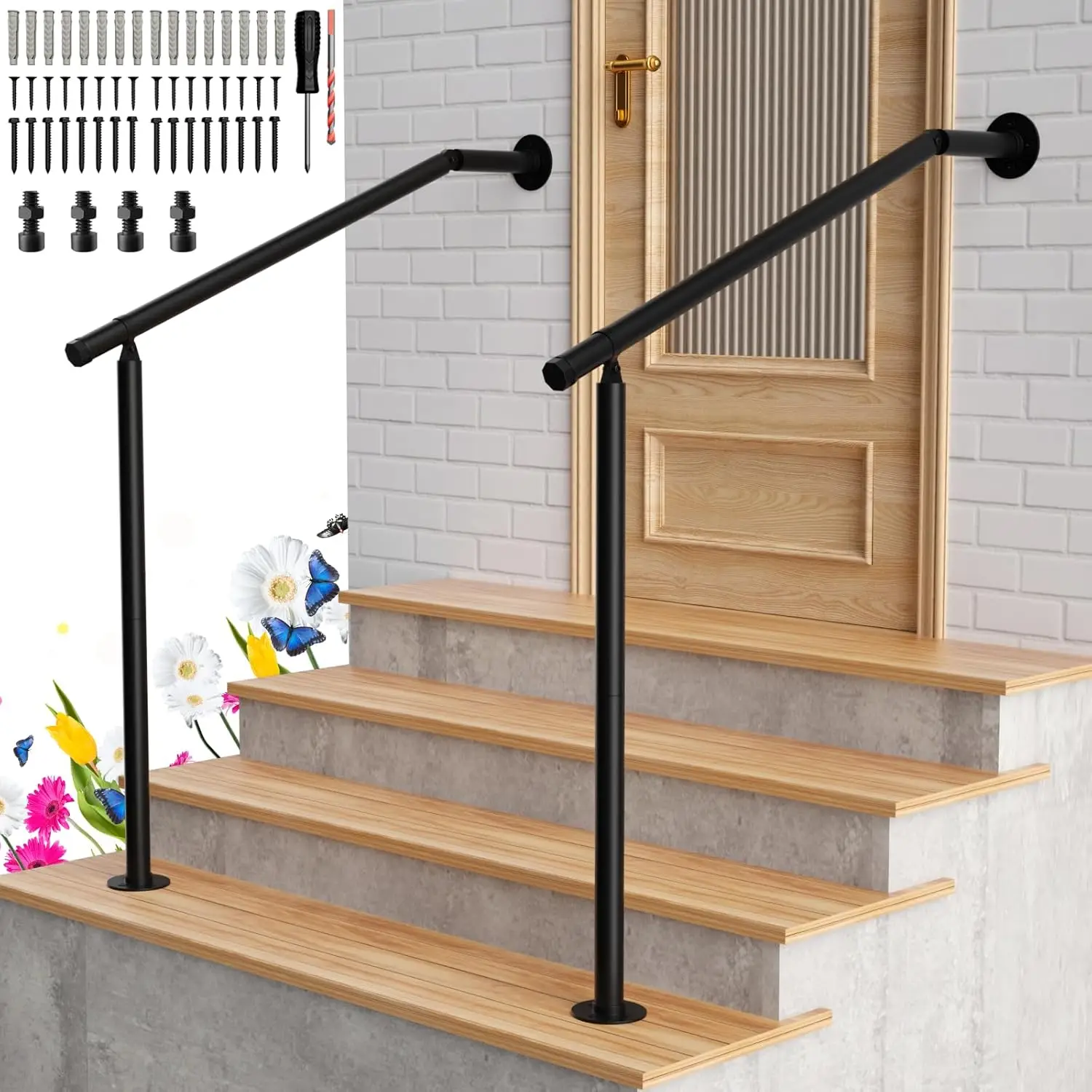 

2 Pack Hand Rails for Outdoor Steps, Deck Railing Kit with Wall Mount, Wrought Iron Handrails for Seniors and Indoor Stairs
