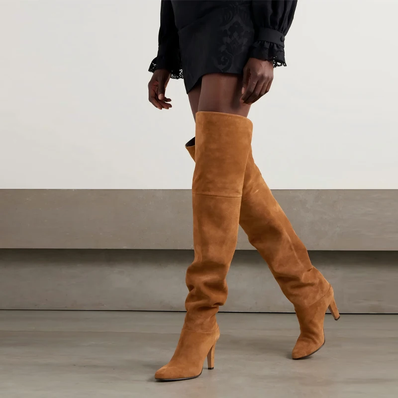 2025Autumn and Winter Women's Thick High-heeled Knee High Boots, Round Headed Cowhide Suede Fashionable Women's Plus Size Boots