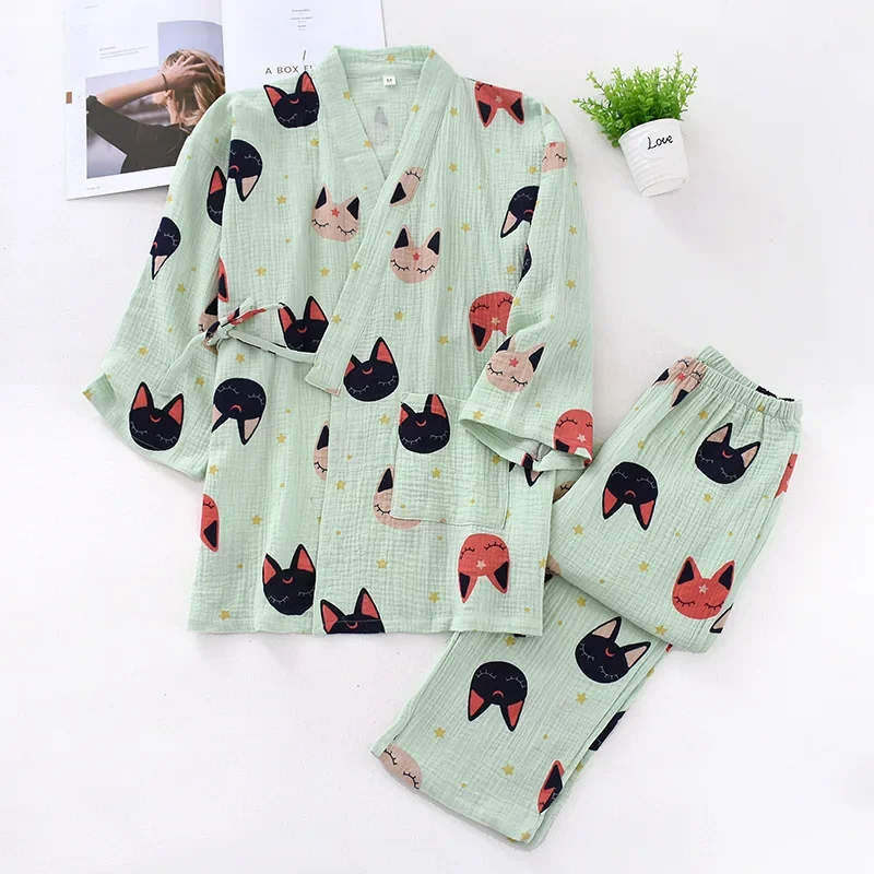 Cute Print Cartoon 2PCS Cotton Kimono Nightgown Sexy Lady Pajamas Suit Home Clothes Sleepwear Homewear Summer Lingerie Bathrobe