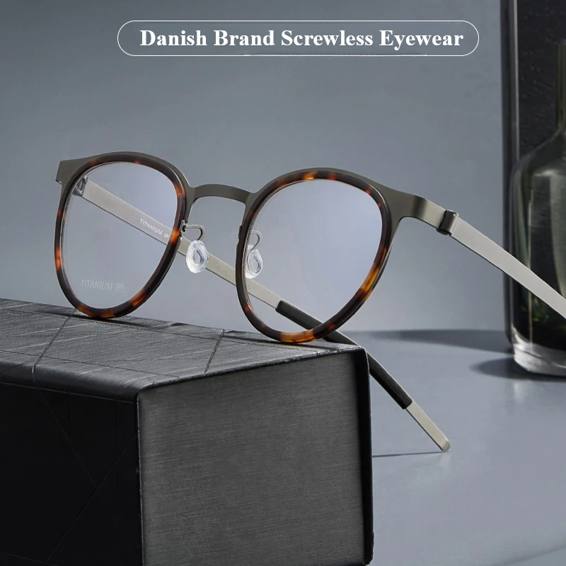 

Denmark Brand Retro Round Glasses for Men 9704 New Ultra Light Pure Titanium Screwless Eyeglasses Frame with Prescription Lenses