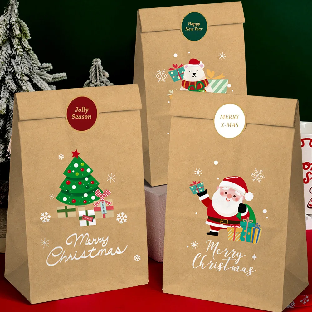 Reusable Santa Bag Seasonal Assorted Kraft Xmas Bag Decorative Pouch For Gift-Giving