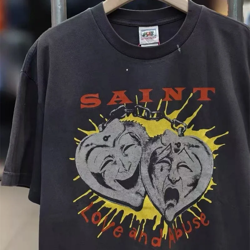 High Street Vintage Washed Black Saint T-Shirt Men's Women's Hip-Hop Cotton Crack Pattern Printed Top