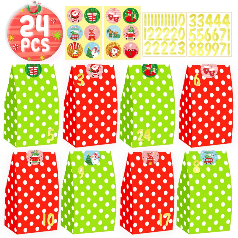 Christmas Gift Bags 24 Advent Calendar Count Down Polka Dots Paper Bag Pockets Party Gifts Packaging Supplies Noel Navidad Natal