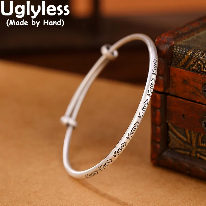 Uglyless 100% 999 Full Silver Push-pull Adjustable Ethnic Bangles for Women Thai Silver Fish Bangles Vintage Animals Jewelry