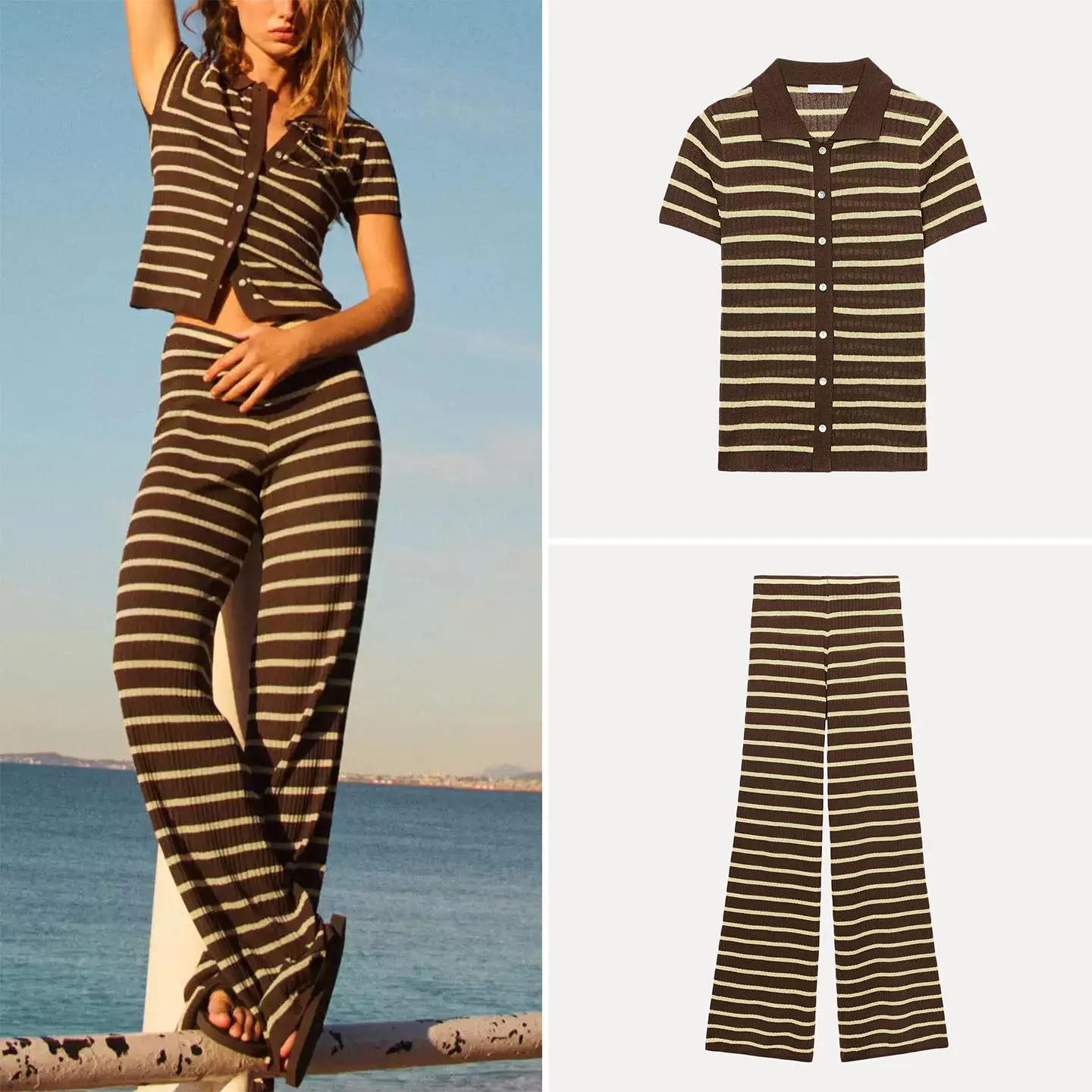 

Women's Short Sleeve Straight Stripe Shirt Neck Top mid Waist Drapey Straight Pants Summer Fashion Set ZADATA Brand
