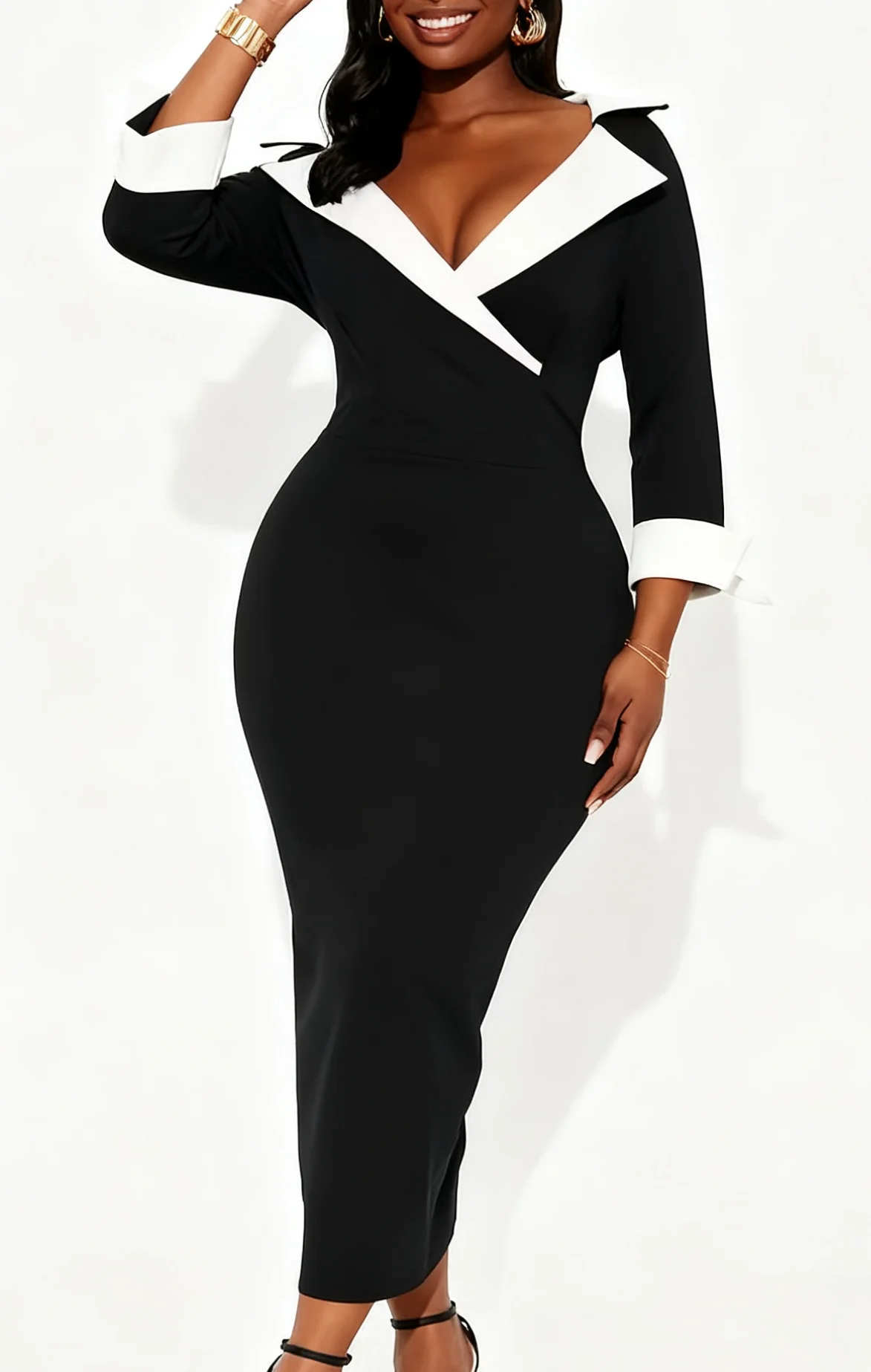 Vestido ajustado con escote en contraste para mujer, elegante vestido de mujer de longitud media con cuello bloqueado de color, moderno y colorido