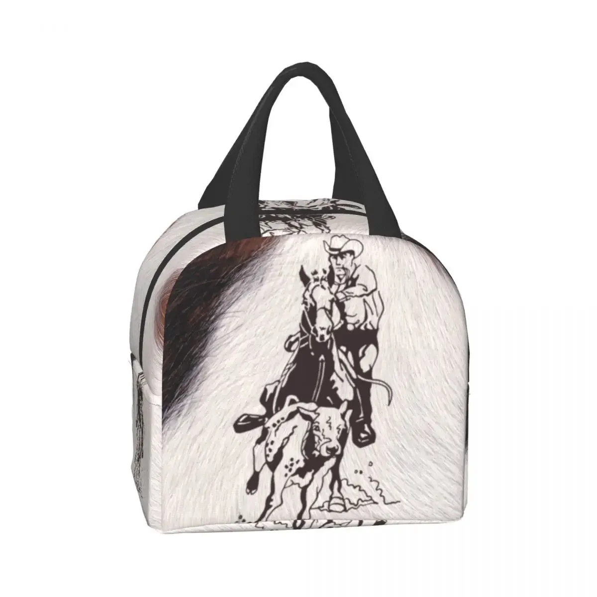 Western Cowboy Rodeo Horse Cowhide Cow Print Lunch Bag Resuable Cooler Thermal Insulated Lunch Box for Women School Work Picnic