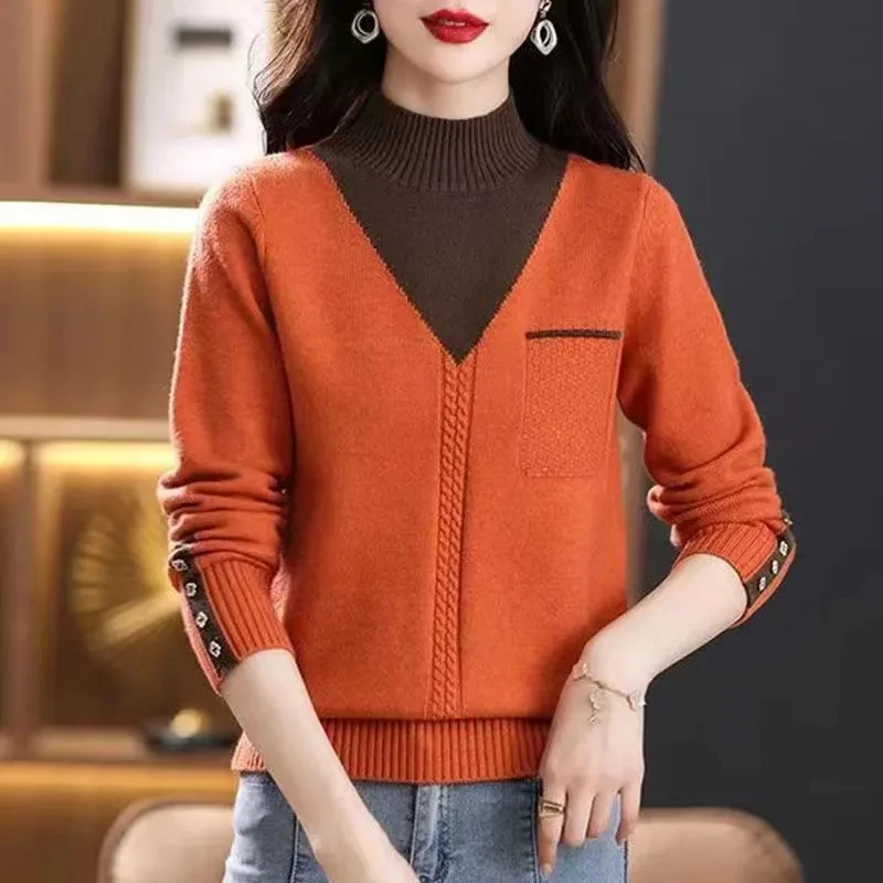 Autumn Winter Fake Two Piece Color Matching Sweater Women Pullover 2023 New Half High Collar Long Sleeve Knitted Sweater Female