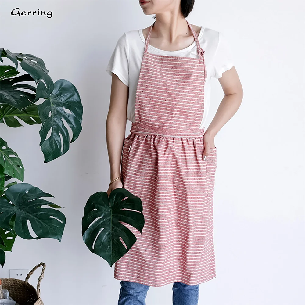 Gerring Apron Cooking Stripe Pleated Kitchen Apron Dress Linen Sleeveless Coveralls Chef Waiter Cafe Shop BBQ Tablier Delantal