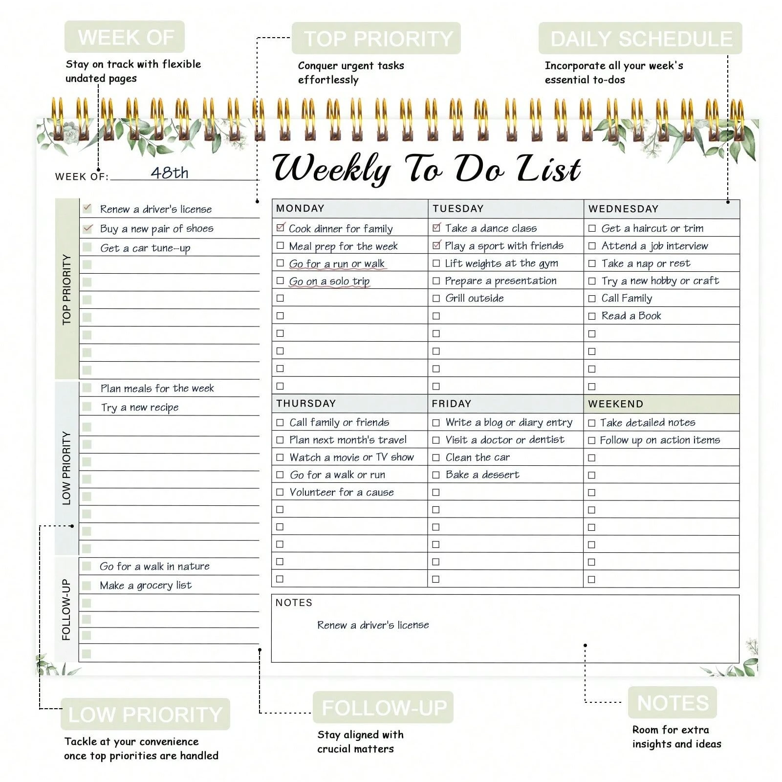 Weekly Planner Pad Spiral Weekly Planner Undated 52-page To-do List Pad, 8.5*11 \