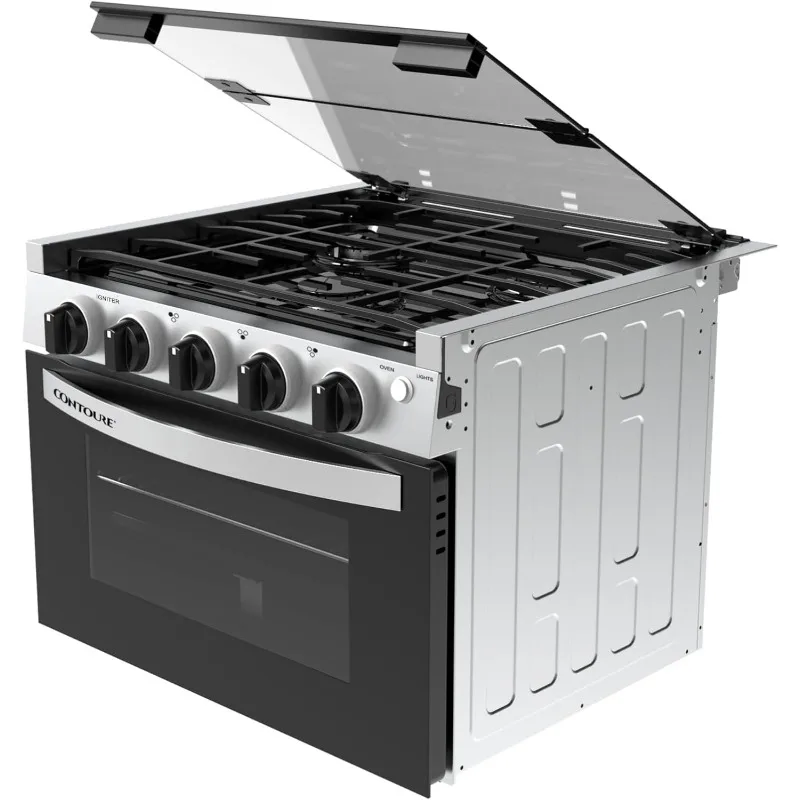 RV 3-Burner Drop-In Gas Range 21" Black Stainless Steel Accents Stylish LED Knobs Easy-Clean Oven Propane-Powered CSA Certified