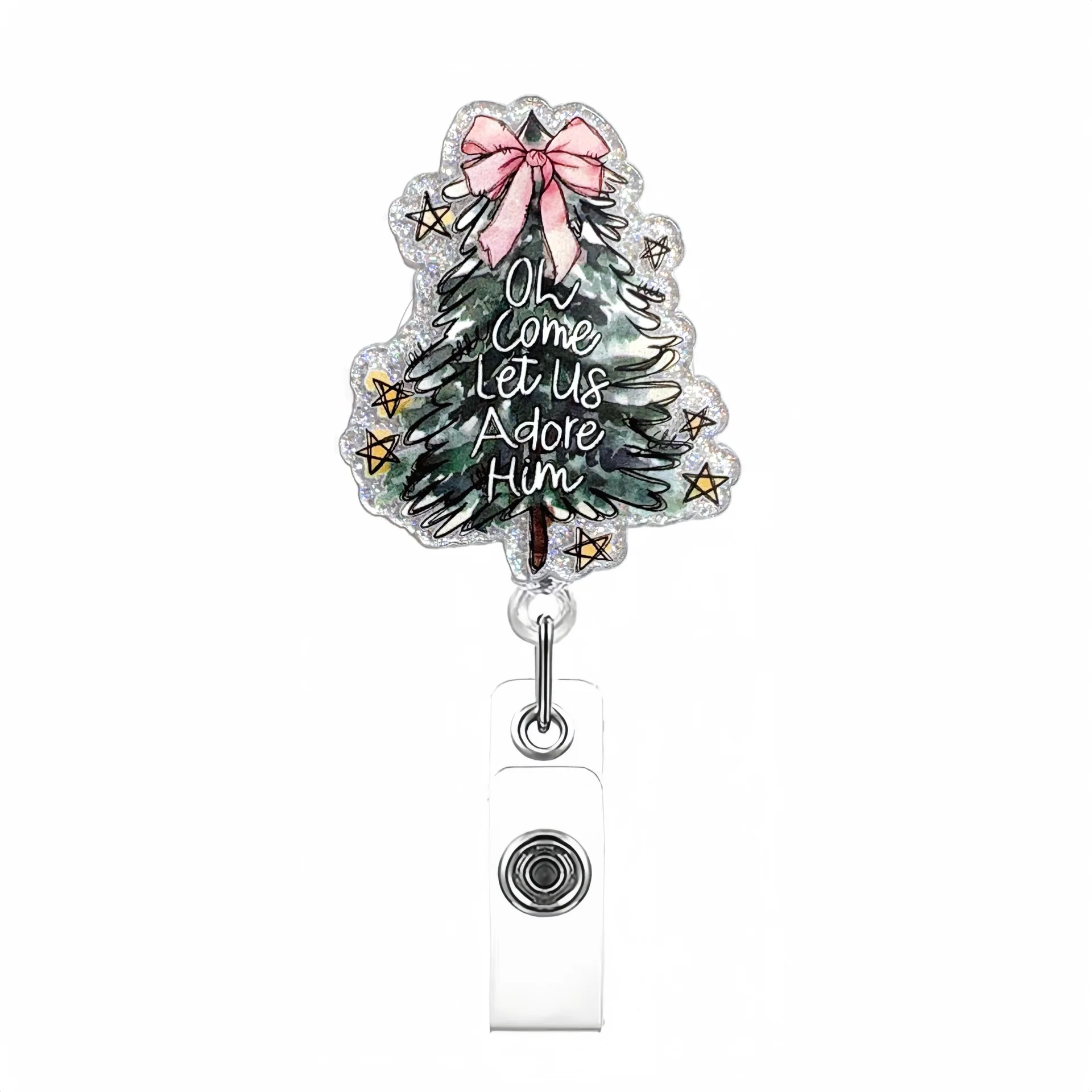 Glitter Acrylic Christmas Tree Retractable Badge Reel Clip Rotatable ID Name Card Buckle Holders Xmas Gift for Nurse Doctors