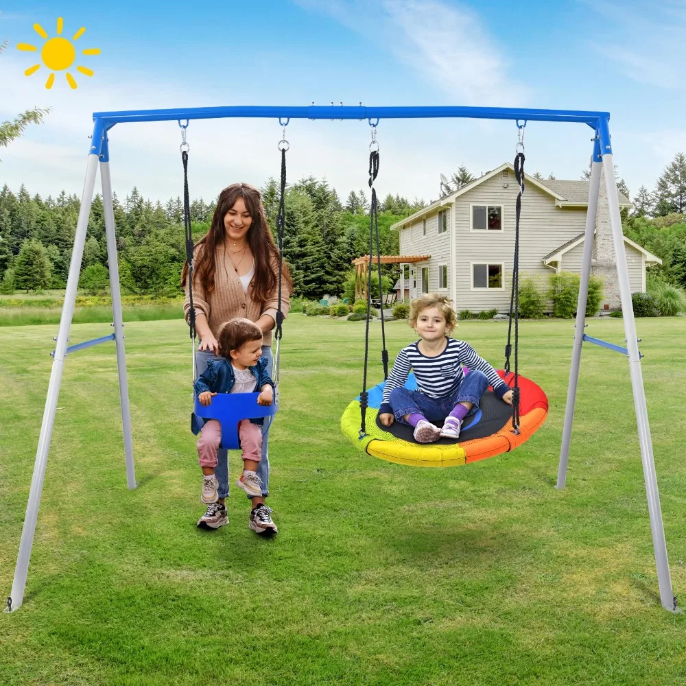 Swing Set for Backyard, 440lbs Heavy Duty A-Frame Metal Stand with 1 Saucer Swing and 1 Toddler Swing