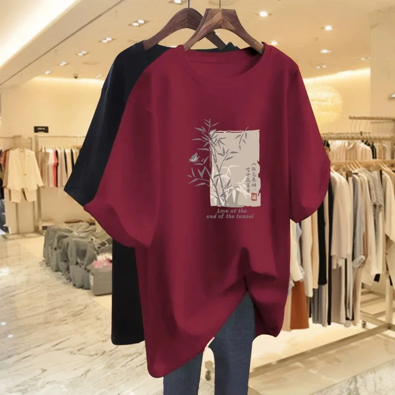 Loose Short Sleeve T-Shirt Women's plus Size Slimming Print Half Sleeve Body Shirt Upper Apparel Korean Style Commute
