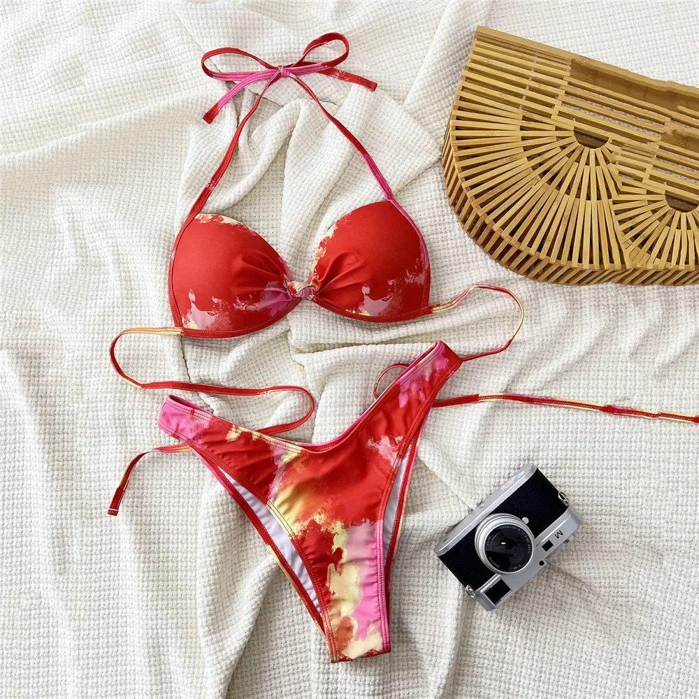 

Red Tie Dye Print String Halter Bikinis Sets Sexy Swimsuit Women Front Knotted Ladies Swimwear Bathing Suit Bikini 2025 Mujer