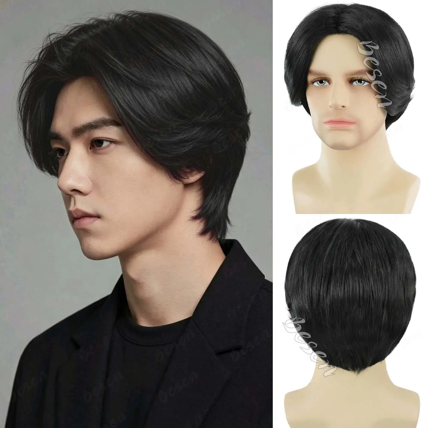 

Synthetic Short Black|Brown Wig for Men Straight Middle Part Costume Wig Male Funny Wigs Party Halloween Anime Leon Cosplay Wig