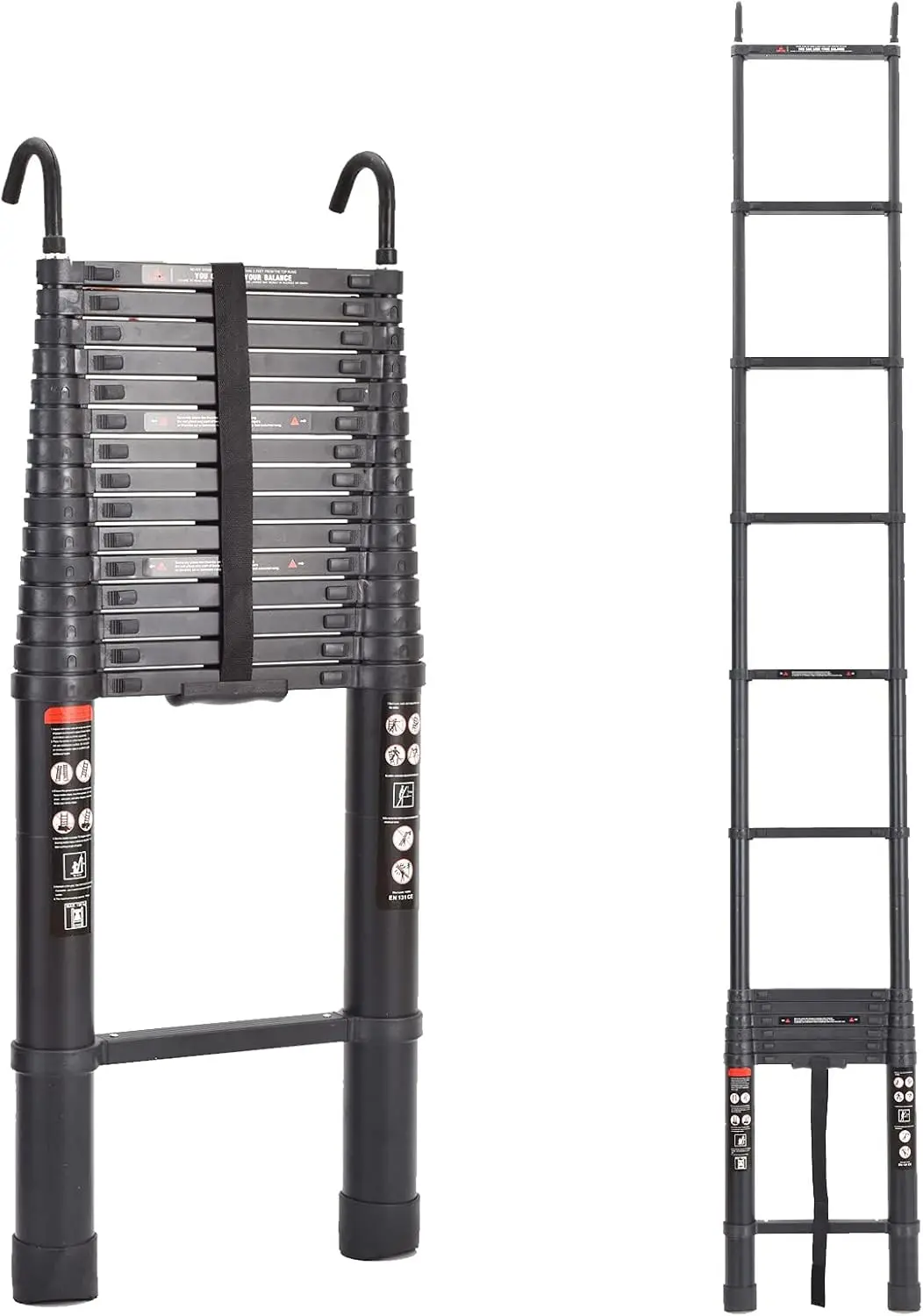 20,3ft/6,2M trapladder aluminium telescopische ladder + afneembare dakhaken, zwart, 330 lbs laadvermogen, 15 stappen in hoogte verstelbaar