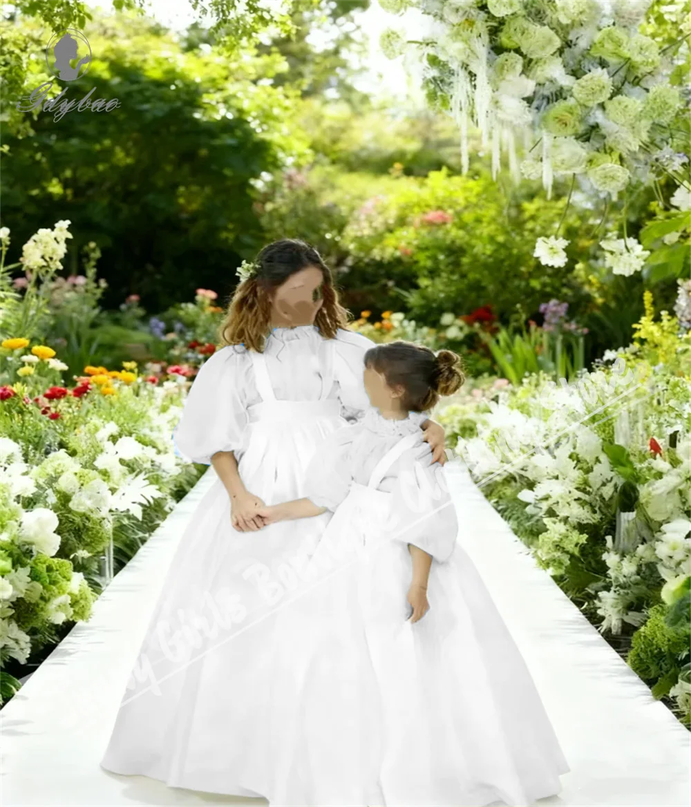 Hochwertiges zweiteiliges Set, weißes Blumenmädchenkleid aus Tüll mit weißem Taft, Erstkommunion, Prinzessin, Hochzeit, Party, Abendkleider