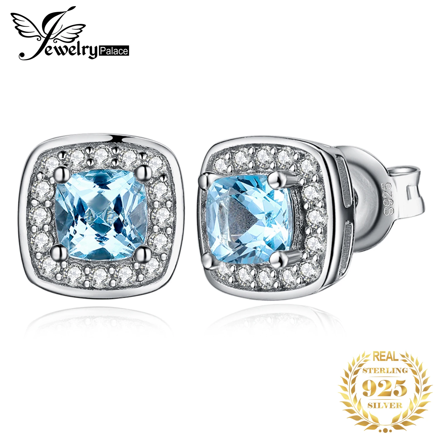 JewelryPalace Cushion Cut Naturalny błękitny topaz Kolczyki sztyfty ze srebra próby 925, dla kobiet Prezent