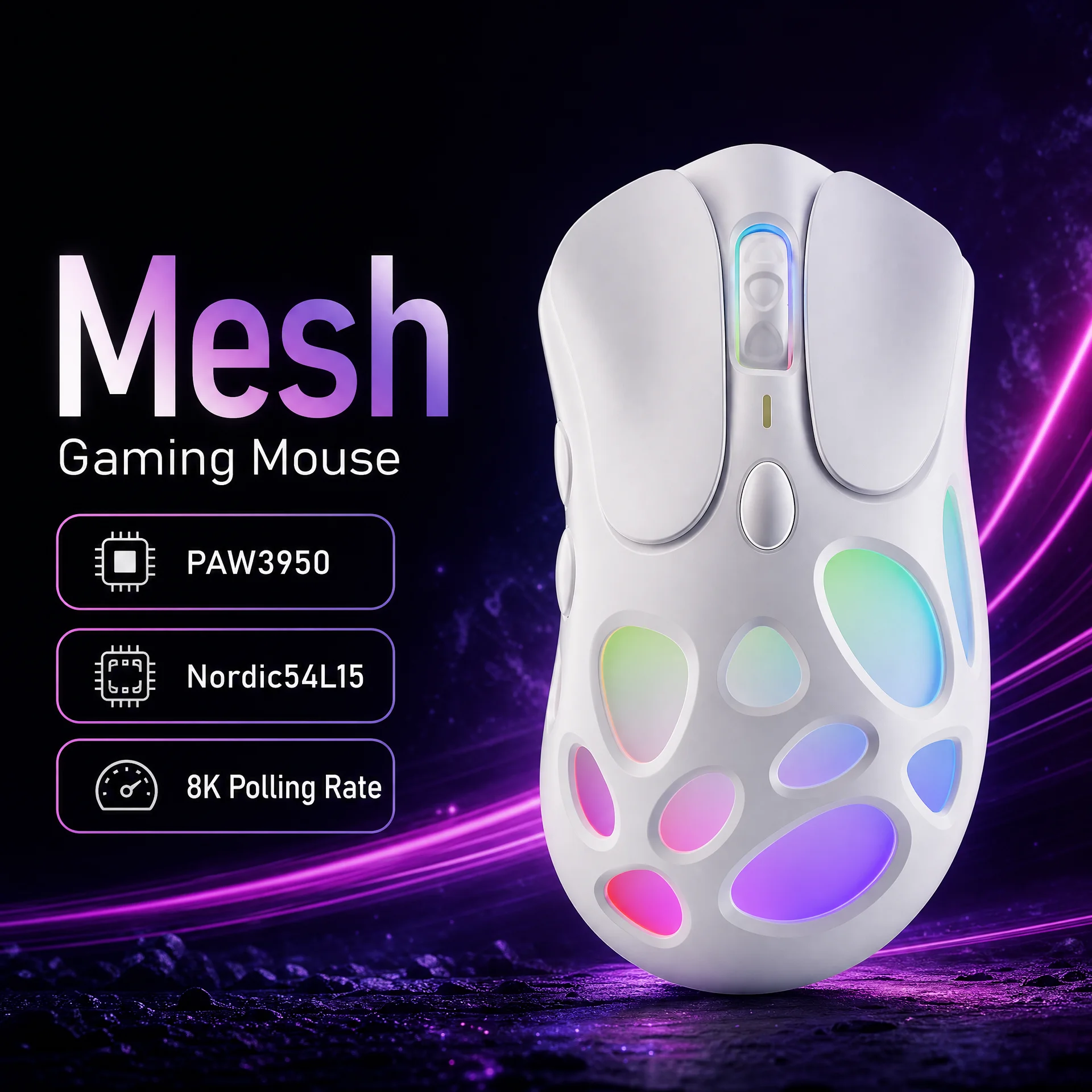 新発売 Akko Mesh ワイヤレス 8K ポーリングレート ゲーミングマウス PAW3950センサー 42000 DPI 90g 軽量設計 長時間バッテリー駆動 イーサスポーツマウス