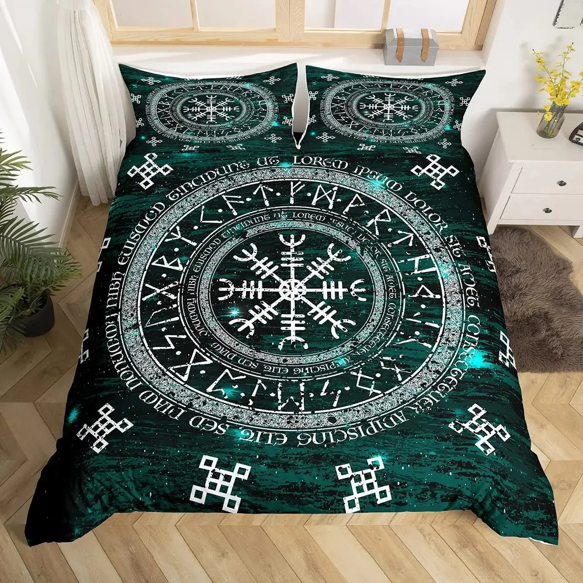 

3D Symbols Viking Runes Duvet Cover Set Bedding Sets Full Size,Nordic Quilt Cover Washed Microfiber Bedspread Cover