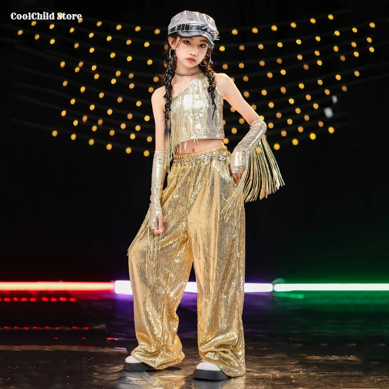 Hip Hop Girl Shiny Golden Tassel Crop Top Sequined Pants Kids K-pop Jazz Clothes Sets Child Girl Group Streetwear Stage Costumes
