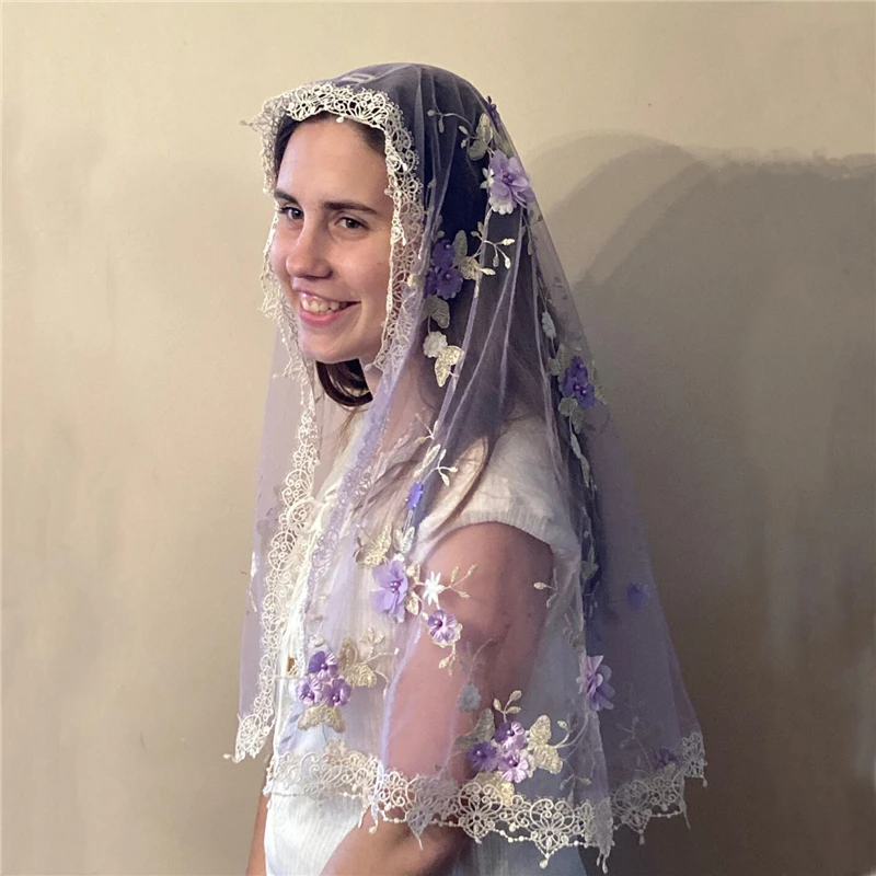 Triangle 3D Floral Mantilla Mass Church Veils Catholic Lilac Purple White Lace Trim Pearls Beaded Flowers D Shape Blue Red Ivory