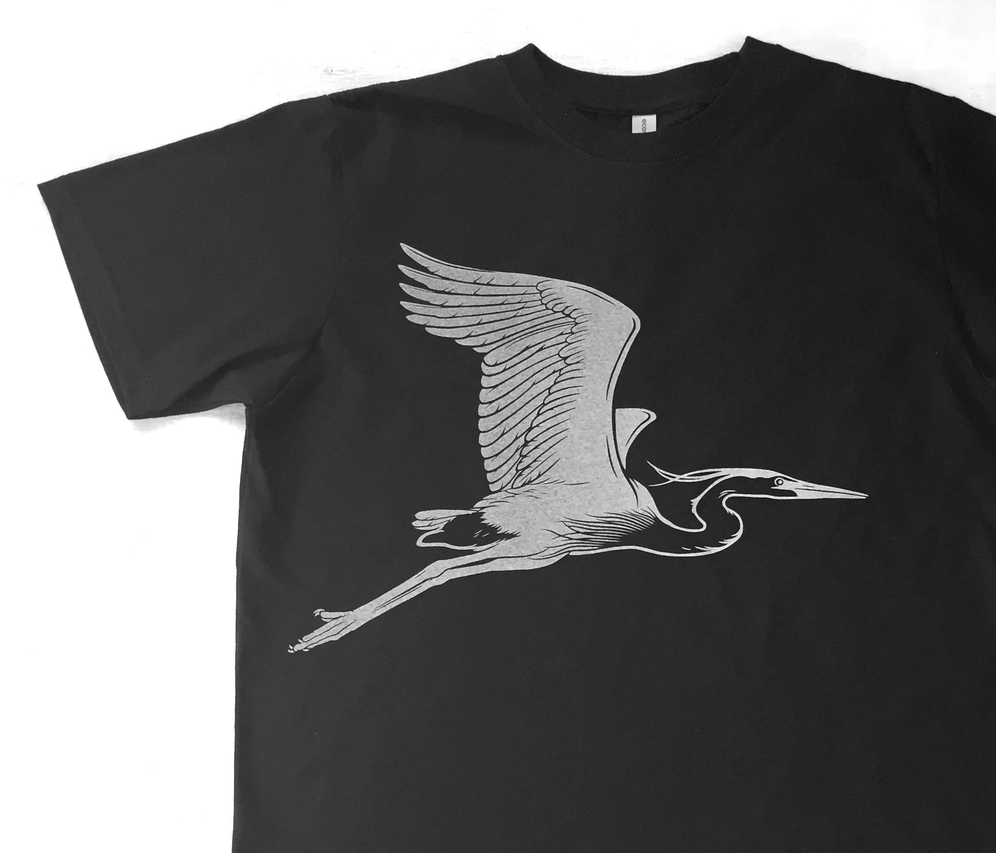 Meistverkauftes Herren-Grafik-T-Shirt aus Bio-Baumwolle. Schwarzes Herren-T-Shirt – Blue Heron-Hemd mit Siebdruck, Baumwollkleidung für Herren