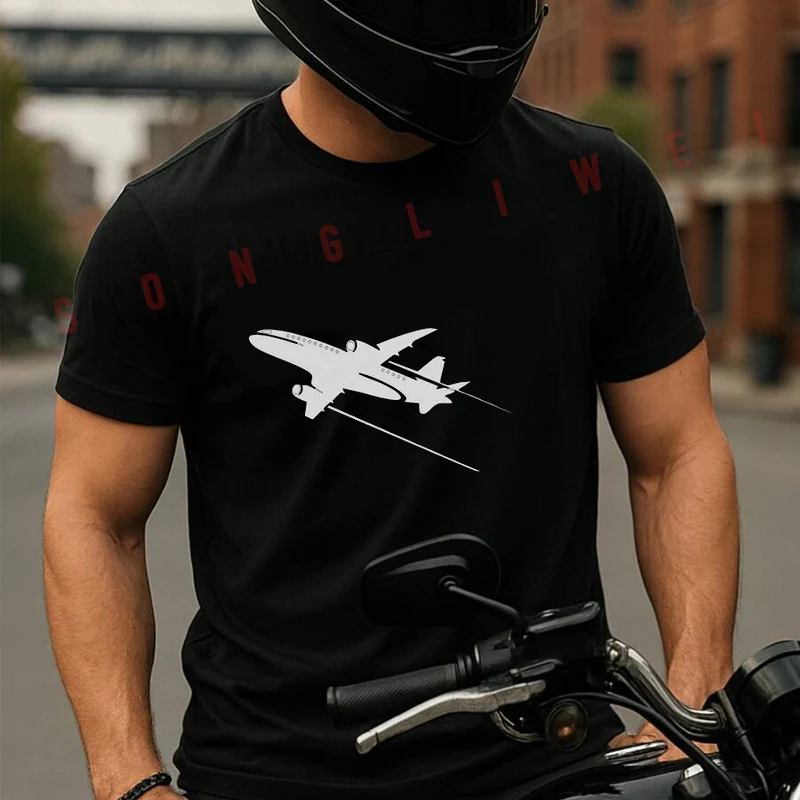 

Leisure Fashion Airplane Print Men's T Shirt Moto Casual Dress Cotton Round Neck Short Sleeved T-shirt Tees
