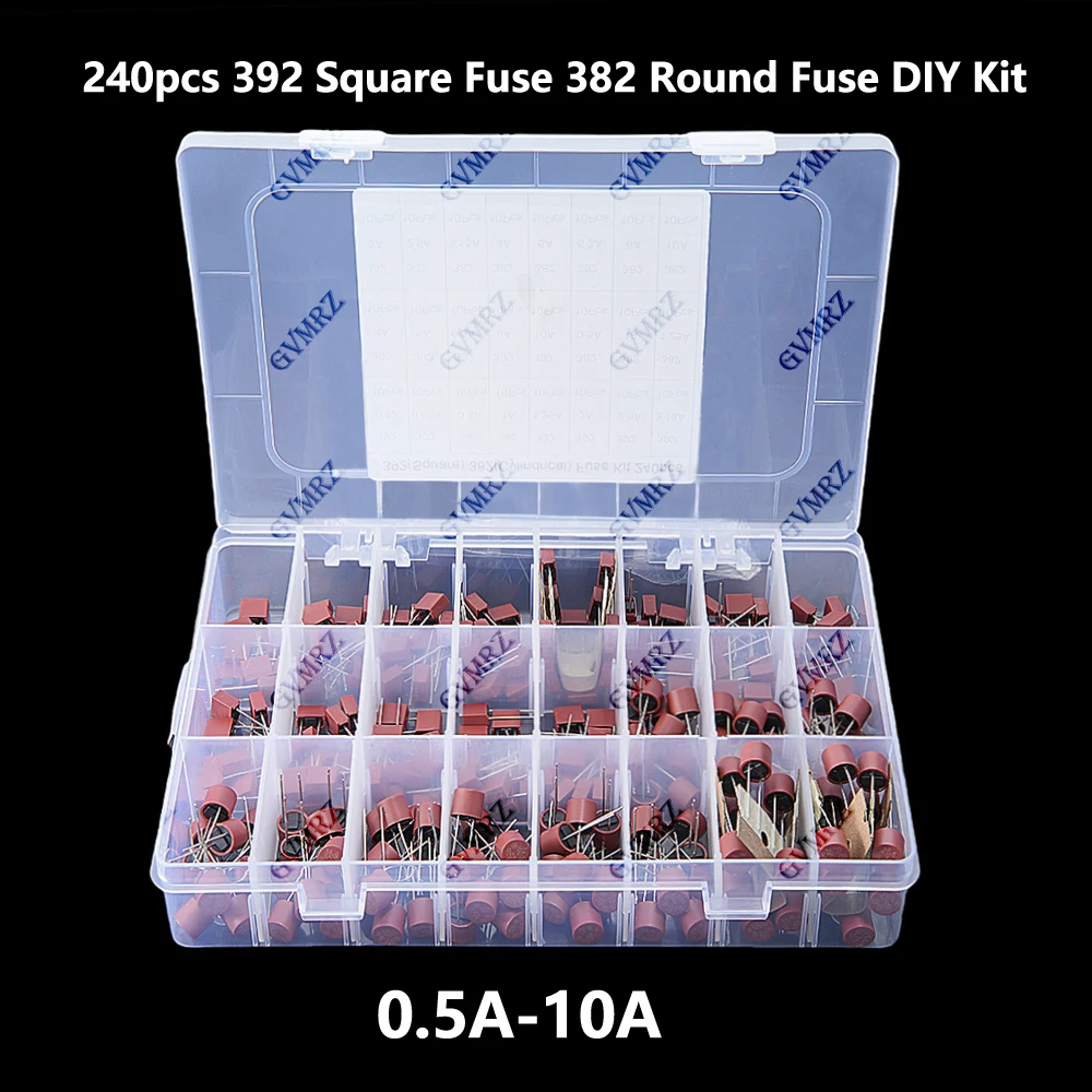 240pcs 392 Square Fuse 382 Round Fuse DIY Kit 0.5A/0.63A/0.8A/1A/1.25A/2A/2.5A/3.15A/4A/5A/6.3A Fuses For LCD TV Power 8A/10A
