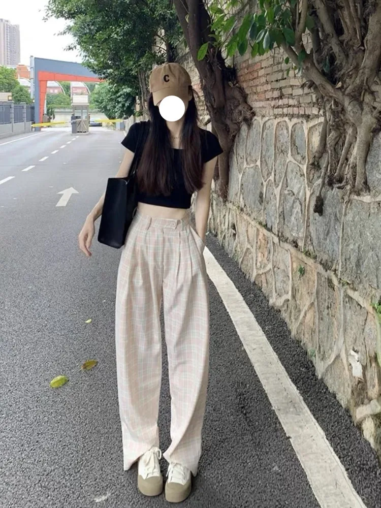 

QWEEK Korean Fashion Sweet Plaid Pants Women Harajuku Girly Fairycore Checked Trousers Female Y2K Oversized Wide Leg Pantalones