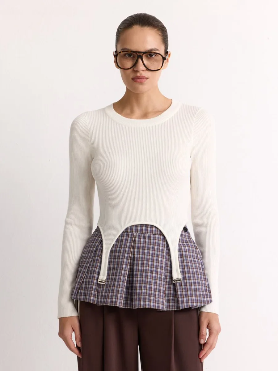 DFDG 2026 Autumn Women Ribbed Knit Crop Top Long Sleeve Round Neck Suspender Cutout Slim Fitted Tee Fashion Casual Ladies Blouse