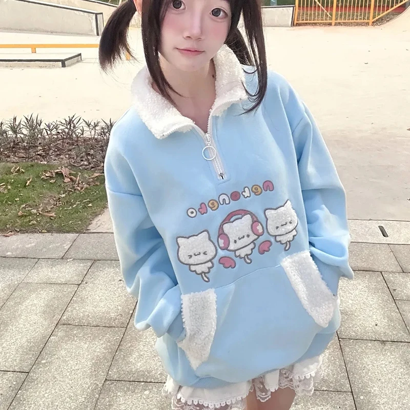 

Japan Cute Patchwork Sweatshirt Women Fleece Thick Warm Fall Winter Coat Harajuku Y2K Kawaii Preppy Style Sweet Top