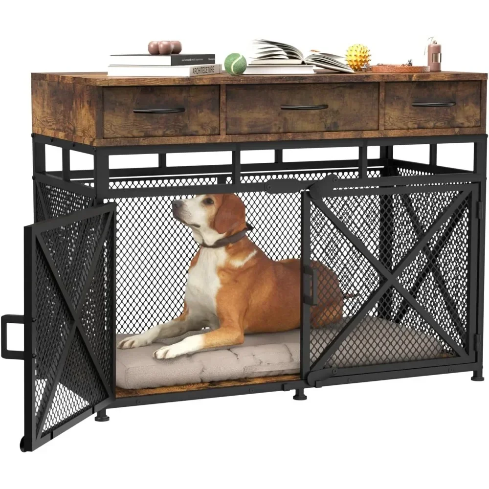 

Dog Crate Furniture, 43.3inch Heavy Duty Dog Kennel with 3 Fabric Drawers and Storage, Dog Crate Side End Table for Entryway