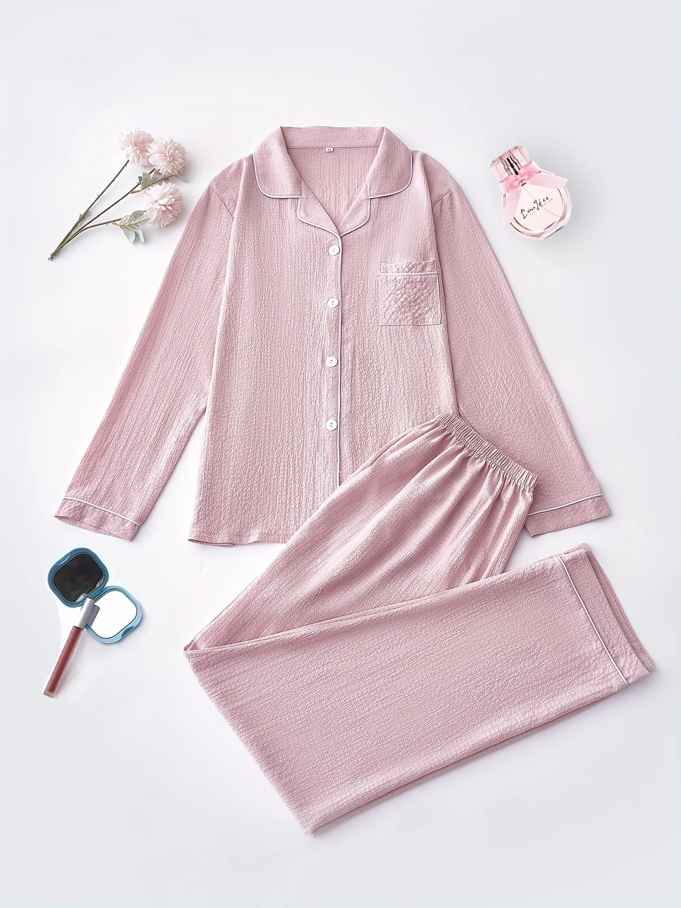 Damen-Pyjama-Set mit langen Ärmeln – lässiges, einfarbiges Oberteil mit geknöpfter Tasche und langer Hose, gewebter Polyester-Pyjama für Erwachsene für den Herbst/ – Detail 11
