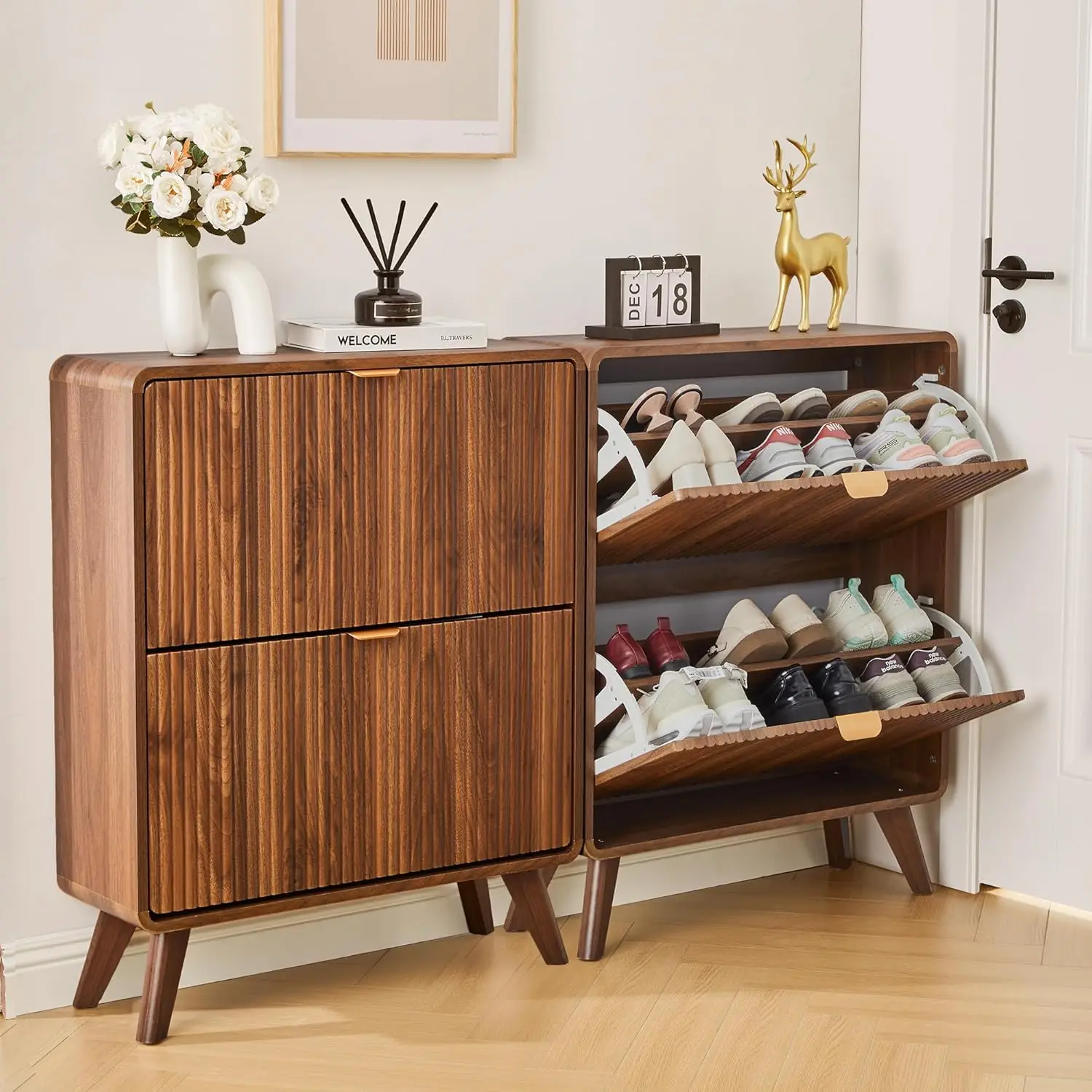 

Set of 2 Fluted Shoe Storage Cabinets for Entryway, Narrow Curved Shoe Cabinet with 2 Flip Drawers, Freestanding Wood H