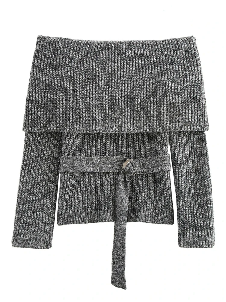 

Женская мода 2024 Осень новый Европа и Соединенные Штаты простой дикий чистый цвет сексуальный без бретелек одно слово воротник с поясом нитки вязаный пуловер Элегантный шикарный темперамент женская одежда