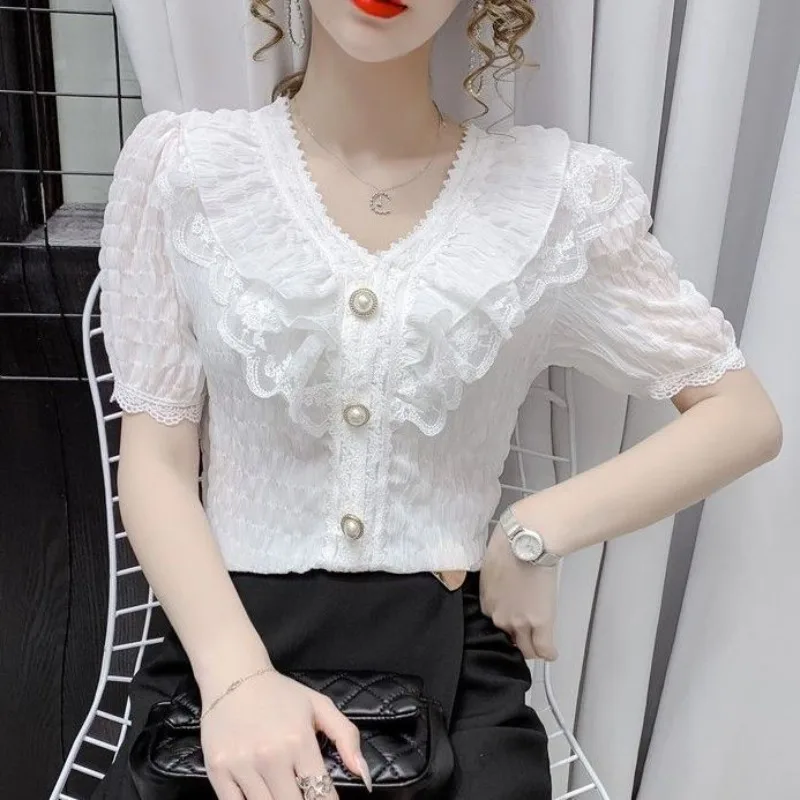 

Women's Lace Shirt Short Sleeved 2026 Summer New Small Shirt Lace Top