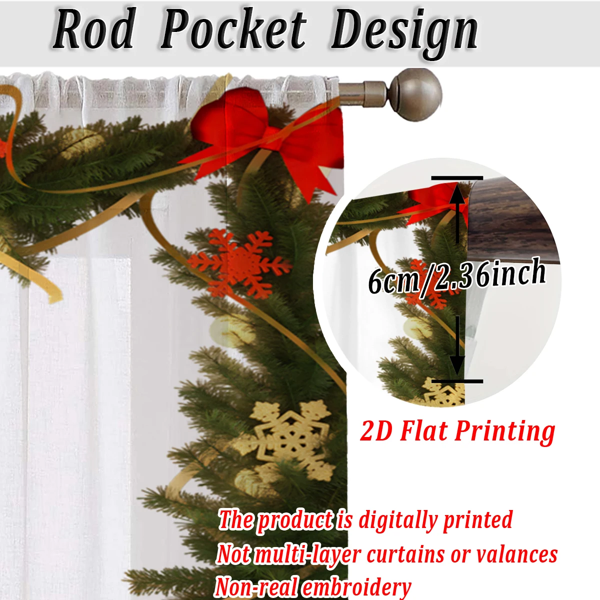 ستارة شفافة للمطبخ بطباعة مسطحة لعيد الميلاد مع زخرفة ندفة الثلج لعيد الميلاد فرع الصنوبر لحفلات ديكور المنزل في عيد الميلاد