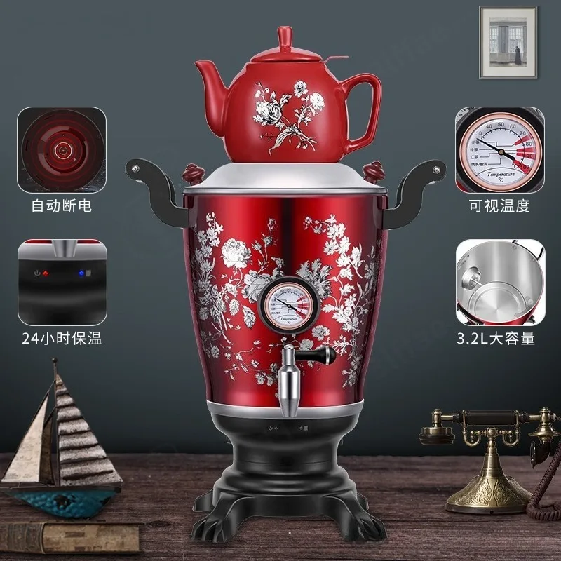 Middle Eastern Style Floral Printed Samovar Kettle Thermal Insulation Electric Water Boiler Dual Pot Tea Set with Temp Screen