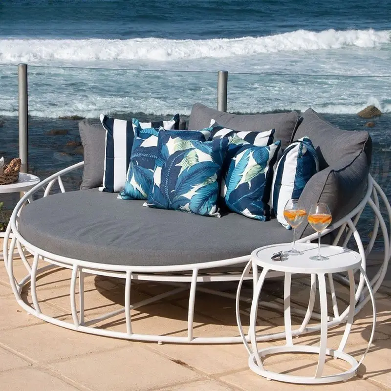 

Круглая кровать-софа для отдыха на открытом воздухе из алюминиевого сплава, для двора, небольшого балкона, круглого бассейна, отеля, виллы, уличный шезлонг